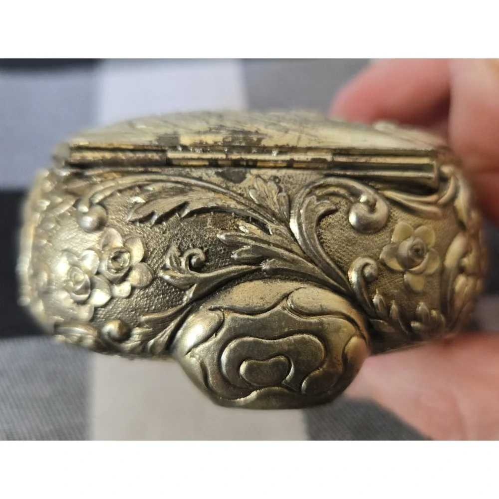 Silver Tone Hinged Trinket Jewelry Box Red Felt Lined Rose Pattern Made in Japan